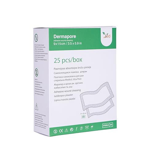 Apósito adhesivo para heridas VED Dermapore: adecuado para cortes y rozaduras, úlceras venosas en las piernas y pequeñas úlceras por presión, mediano, (9 X 15cm (Pack of 25))