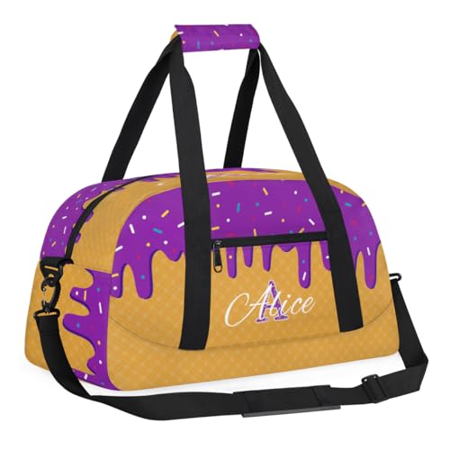 Personalized Kids Sports Duffel Bag with Name Custom Gym Dance Bag for Boys Girls Waterproof Weekender Overnight Bag for Travel Cheerleading Gymnastics Purple Fluid Waffle