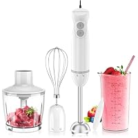 Bonsenkitchen 4-in-1 Emulsion Handheld Blender with 2 Mixing Speeds, Whisk, 24oz Beaker & Chopper Bowl
