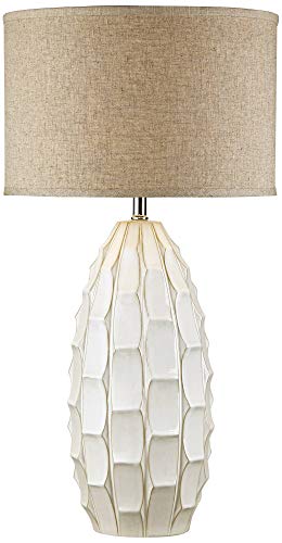 Possini Euro Design Cosgrove Mid Century Modern Coastal Table Lamp 32.75" Tall Ceramic White Handcrafted Beige Fabric Drum Shade Decor for Living Room Bedroom House Bedside Home (Colors May Vary) - Image 2