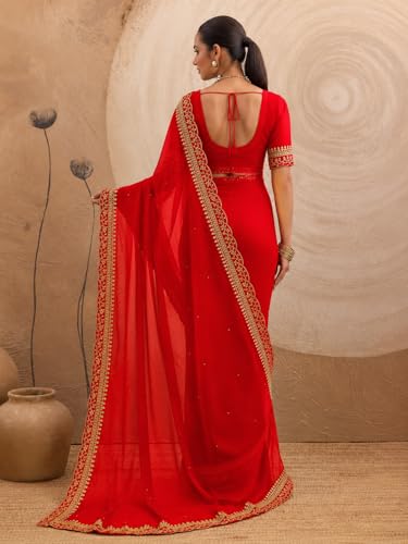 Image of Women's Georgette Embroidery Border Beads work Saree with Blouse Piece