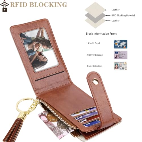 Bifold Wallet RFID Credit Card Wallet Card Holder for Women or Men with Keychain Zipper Pocket with Tassel Zipper Coin Pockett,Cream2