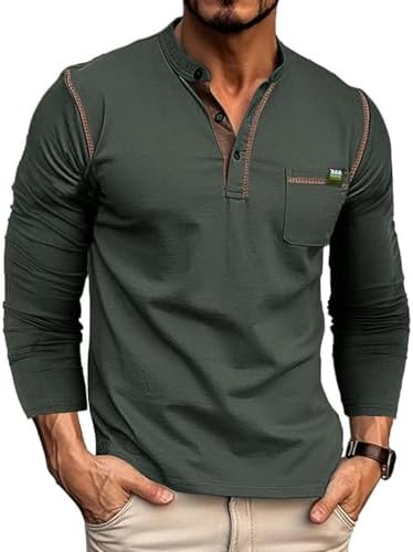 Men's Henley Shirts Short/Long Sleeve Casual Cotton T-Shirt Classic Button Basic Stylish Tees Tops