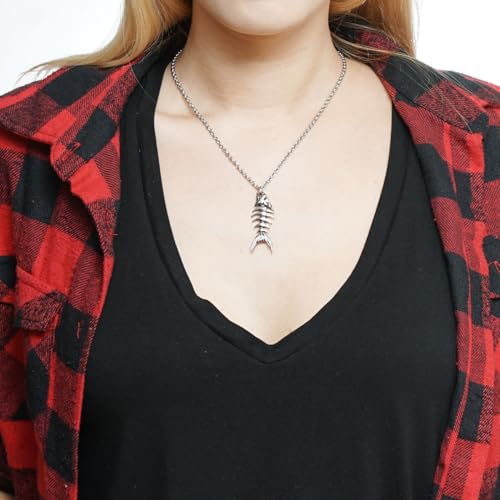 Controse Silver-Toned Stainless Steel Fish Bones Necklace with Pendant (17" - 19" Adjustable Chain)3