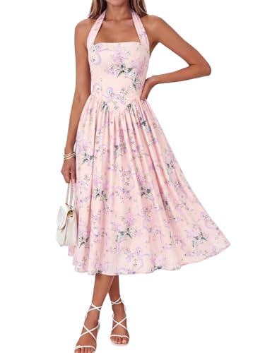 Image of Parthea Women's Floral Halter Corset Midi Dress 2026 Elegant Smocked Flowy Wedding Guest Dresses with Pockets