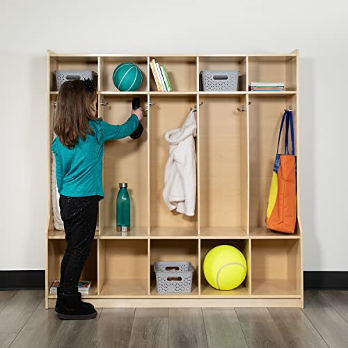 Flash Furniture Hercules Wooden 5-Section School Coat Locker with Bench, Cubbies, and Storage Hooks, Preschool Cubby Organizer, 48"H x 48"L, Natural - Image 4