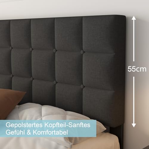 Yocreat Polsterbett 140x200cm Doppelbett, Bettrahmen mit Kopfteil und Lattenrost, Höhe 30 cm Bettgestell, Dunkelgrau