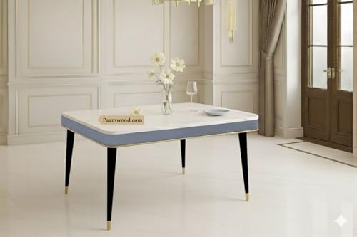 Image of Swiss Modern Dining White Marble Top Table Set with Sheesham Wood Legs, 6 Seater with Upholstered Chairs (71x36x30 Inches) (Grey)