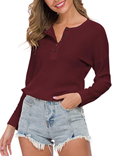 MOLERANI Womens Waffle Knit Tunic Tops Loose Long Sleeve Button Up V Neck Henley Shirts (M, Wine Red2)