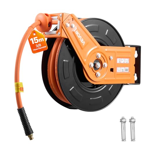 VEVOR Retractable Air Hose Reel, 15m x 9.5mm Rubber Air Hose Max 300PSI, Auto Rewind Air-Compressor Hoses Reel with 1m Lead in, 180° Swivel Ceiling/Wall Mount for Garage Workshops