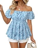 MCKOL Peplum Top: Babydoll Shirt - Womens Baby Doll Tops - Smocked Ruffle Tops Women Going Out Outfits for Women Blue Flower Large