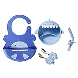 HECCEI Baby Enfant Vaisselle Fourchette Cuillère Apprentissage, Silicone Antidérapant Bol Avec Pailles Bavoir Cuillère Fourchette Coffre-fort Déjeuner Ensemble pour 3 mois à 6 ans (Requin)