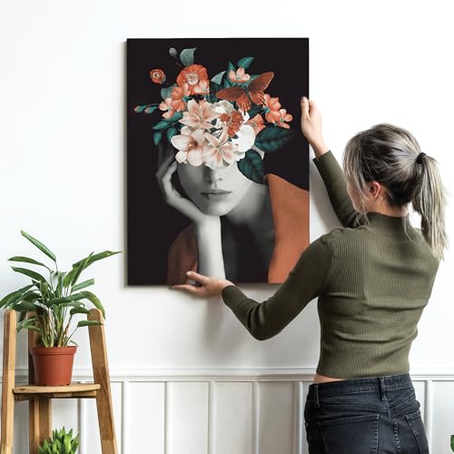 Image of PAINTINGMANTRA Stretched Modern Canvas Wall Art Painting, Women Flowers & Butterfly Artwork for Living Room, Home, Bedroom, Office Decoration (Set of 1, 16x22 Inch)