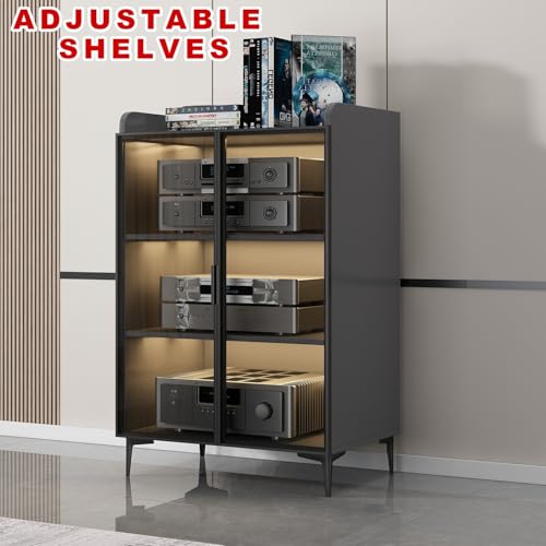 AV Cabinet 2/3 Tier Modern Stereo Rack System Cabinet Media Storage Cabinet AV Cabinet with Glass Doors Media Console without LED light for Gaming Meeting Living Recording Room.(Black,54x42x82cm)