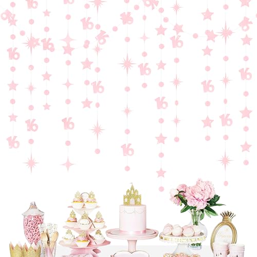 Image of Glitter Pink Number 16 Circle Dot Twinkle Star Garland Hanging Streamer Bunting Banner Backdrop Decorations for Girls Happy 16th Birthday Sweet Sixteen 16th Anniversary Cheers to 16 Years Party Decor