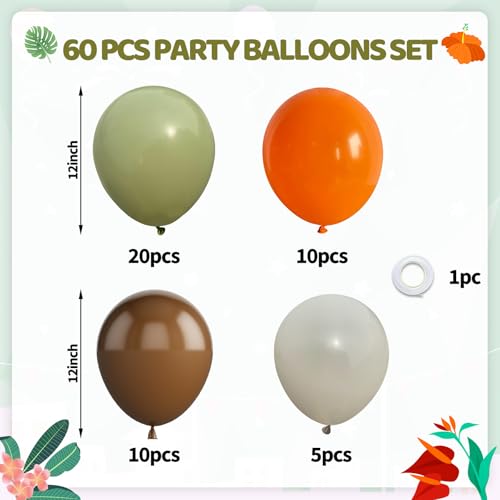Image of Funhot Sage Green Brown Balloons Set, 60 Pcs Jungle Safari Party Balloons, 12 Inch Olive Green Orange Beige Latex Balloon Helium for Kids Wild Woodland Birthday Wedding Baby Shower Party Decorations