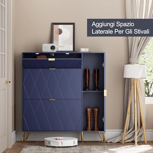 UEV Zapatero Ahorrador de Espacio con 3 Puertas Abatibles, Entrada de Zapatero, Zapater para 16 Pares en Robusta Madera de Construcción, 105 x 24 x 120 cm, Azul