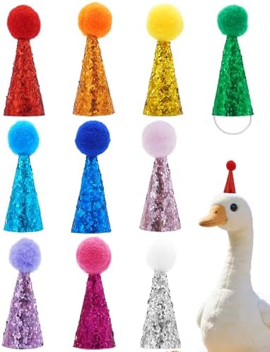PET SHOW 10 Pack Mini Party Hats for Animal Figures with Plush Pom Adjustable Tiny Hat for Dinosaurs Desk Goose Hamster Hedgehog Guinea Pig Chicken Small Pet Birthday Accessories
