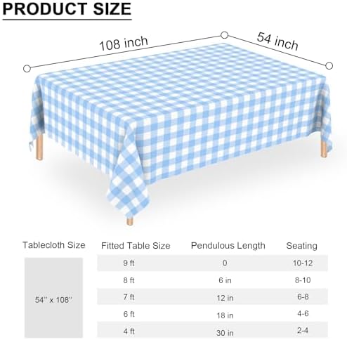 3 Pcs Light Blue Gingham Tablecloth Blue Disposable Plastic Checkered Table Cloths for Parties Disposable, Waterproof Rectangular Blue Table Cover for Camping, Birthday, Party, Picnic 54 × 108 Inch