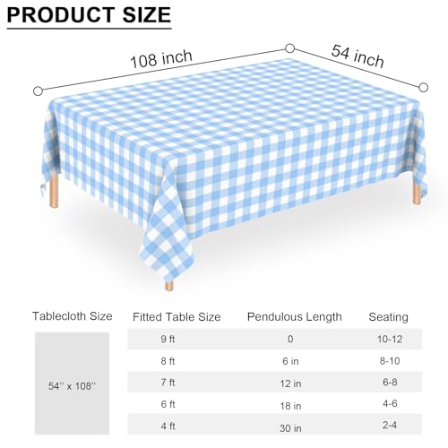 QISOLIY 3 Pack Blue and White Checkered Tablecloth, Light Blue Plastic Table Cloths for Parties Disposable, Rectangular Pale Blue Gingham Camping Tablecloth for Birthday, Party, Picnic 54 x 108 inch