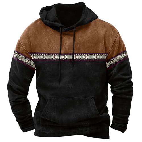 Mens Western Cowboy Sweatshirt Long Sleeve Vintage Pullover Contrast Color Hoodie With Pocket Fall Casual Fleece Tops