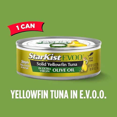 Image of StarKist E.V.O.O. Solid Yellowfin Tuna, 4.5oz Can, 1-Pack | 29g of Protein Per Serving, Features Extra Virgin Olive Oil, Wild Caught Tuna, Gluten Free, Soy Free, Omega 3s
