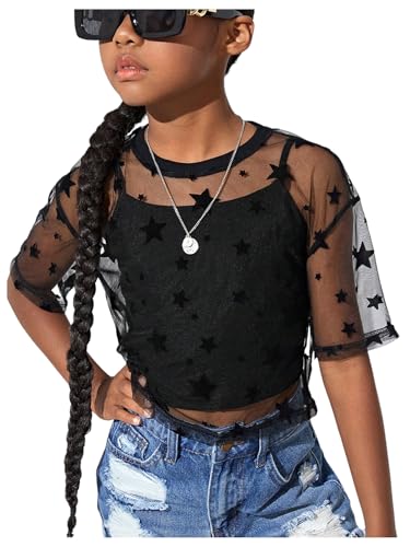 Girl's 2 Piece Set Star Graphic Sheer Mesh Shirt Crew Neck Short Sleeve Crop Top with Camisole