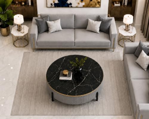 Image of WOODEN SPACE Premium Luxury Nazaara Marble-Top Coffee Table with Iron Legs & PVD Coating | Modern Round Wooden Center Table for Living Room & Entryway