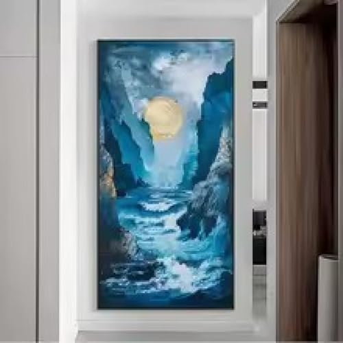 Décoration murale abstraite haut de gamme avec cadre lune bleue et or