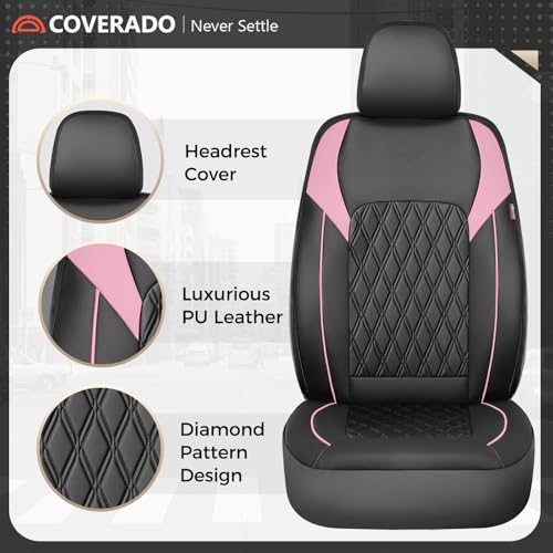 Image of Coverado Seat Covers, Car Seat Covers Full Set, Car Seat Cover, Car Seat Covers Front Seats and Back, Waterproof Car Seat Cushion, Faux Leather Car Seat Protector Universal Fit Most Cars, Black&Pink