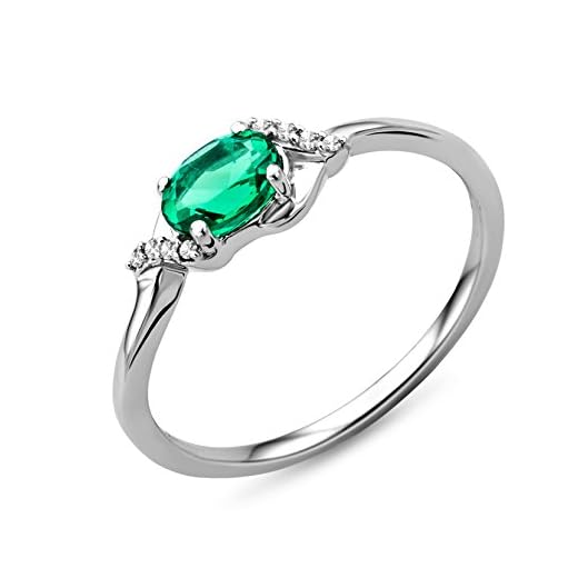 Miore Jewelry Anillo de compromiso para mujer de 0,03 quilates con esmeralda verde y 8 diamantes, oro blanco brillante, solitario de diamantes y gema de 9 quilates (375) de oro