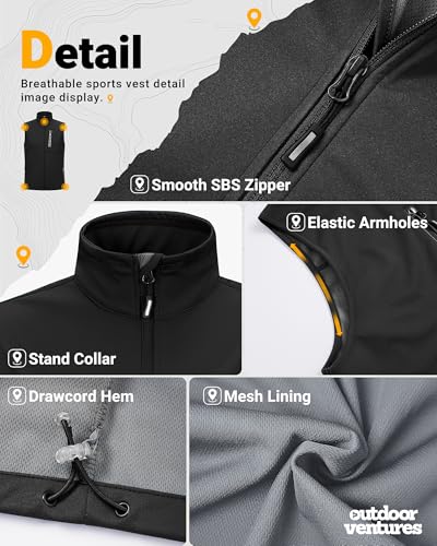 Outdoor Ventures Softshell Weste Herren Outdoor Fahrradweste Wasserdicht Winddichte Ärmellose Jacke Full Zip Atmungsaktive Laufweste Schwarz L