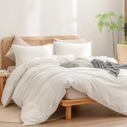 Image of BESTOUCH Cotton Solid Duvet Cover Set Linen Feel Off White Alaska King | 100% Washed Cotton, Soft Wrinkle Texture, Hidden Zipper, 8 Ties, Breathable Lightweight Durable Comfy, 3 Pcs No Insert