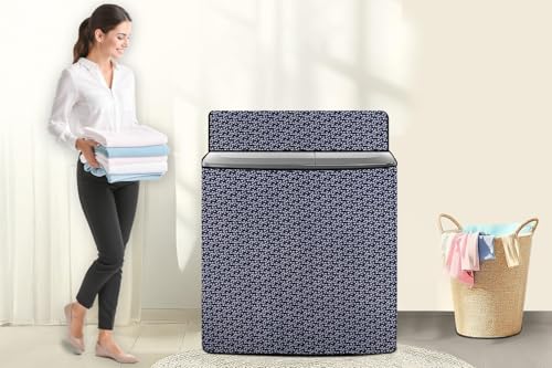 Image of The Furnishing Tree Semi-Automatic Top Load Washing Machine Cover | Waterproof & Dustproof | Easy to Clean | Inlet & Outlet Pipe Provision | Durable & Washable, Leaf Blue Polyester (53.5x89x99 CM)
