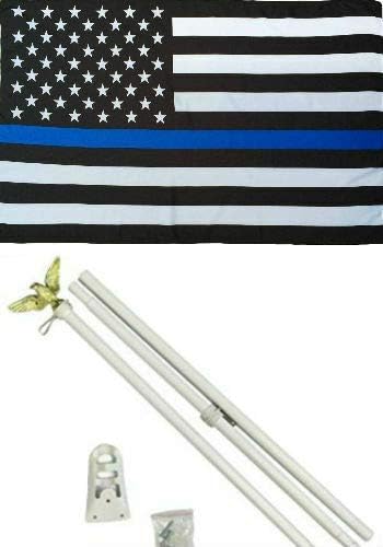 P. 3x5 Police Blue Line Memorial USA Flag White Pole Kit Set 3'x5'
