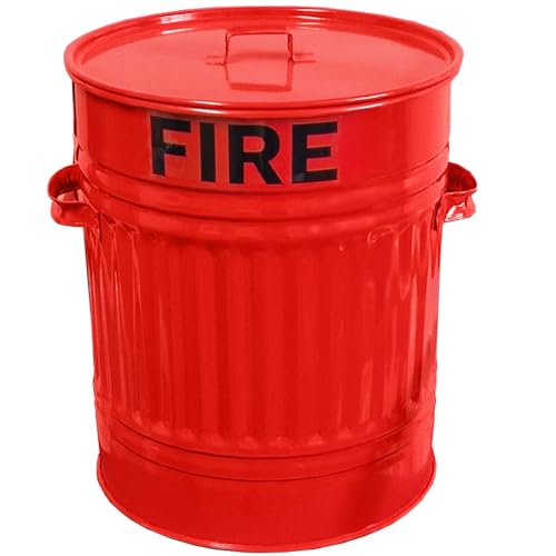 30L Red Fire Bucket Ash Bin with Lid - Metal Fire Bucket for Sand 39CM High with 30 Litre Corrugated Bin Body