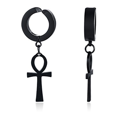VNOX Negro Plateado Acero Inoxidable Clave de La Vida Egipcia Ankh Cruz Cuelga Clip no Perforante en Pendientes Para Hombres Mujeres