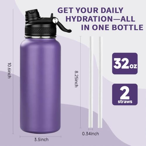 Image of 32 oz Insulated Water Bottle with Leak-proof 2-in-1 Straw and Spout Lid,Stainless Steel Sports Water Bottle with Handle,Double Wall Vacuum Metal Water Flask for Travel Camping School(Purple,1)
