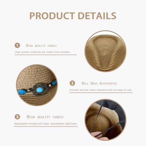 Image of Western Straw Cowboy Hats Cowgirl Hat for Holiday Woven Beach Sun Hat with Shapeable Wide Brim Cowboy Hat for Women's /Men's