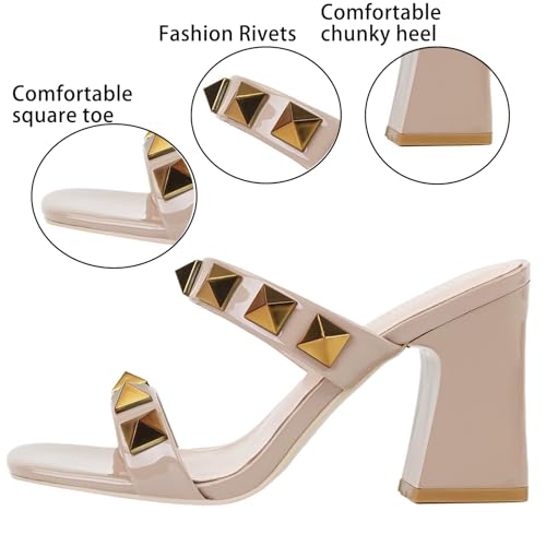 Women's pu Rivets Two Strap Chunky heel slides Sandals Summer Comfortable Square Open Toe Slip On Low Block heel Fashion Slippers for Casual Vacation Party3