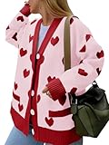 Saodimallsu Womens Oversized Heart Cardigan Color Block V Neck Button Long Sleeve Chunky Valentines Sweaters Pink