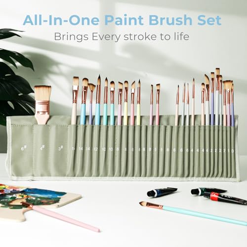 Image of Nicpro 30pcs Paint Brush Set, Aesthetic Pastel Paintbrushes with Paint Spatula and Cloth Roll, Craft Paint Brushes for Acrylic Painting Oil Watercolor Gouache, Art Supplies for Women Artists Beginners