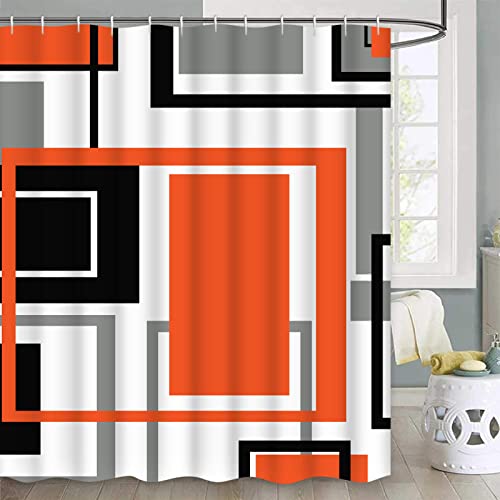 Likiyol 4 Pcs Burnt Orange Shower Curtain Sets With Non-Slip Rugs, Toilet Lid Cover And Bath Mat, Modern Abstract Geometric Shower Curtain With 12 Hooks, Black Grey Bathroom Set #TOP2