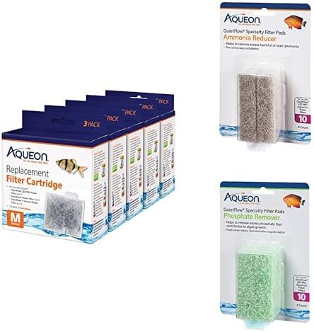 Aqueon Aquarium Fish Tank Replacement Filter Cartridges Medium - 15 Pack with Ammonia Reducer 4 Pack Filter Pads and Phosphate Remover 4 Pack Filter Pads for QuietFlow 10 Bundle