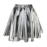 [Yidaify] ミニスカート Aラインスカート 光沢 衣装 ハイウエスト レディース Aライン シャイニー フリル ショート プリーツスカート puレザー 光沢感 キラキラ フレアスカート ウエストゴム ミニ セクシー ミニスカート 春夏(AA-シルバー,S)