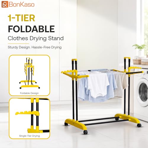 Image of BonKaso AirFold Mini 1-Tier Foldable Clothes Drying Stand, Laundry Rack with Wheels and 8 Hanger Slots for Indoor Outdoor Home Laundry