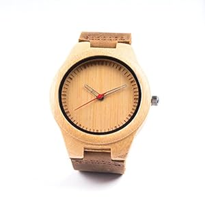 Kim Johanson heren bamboehout polshorloge *Red Bamboo* in bruin met echt lederen armband handgemaakt kwarts analoog horloge incl. geschenkdoos