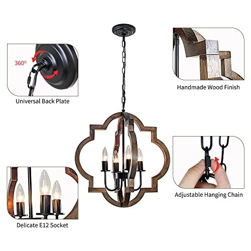 Farmhouse Chandelier for Dining Room, 19.49" Rustic Chandelier with Adjustable Height Chain, Farmhouse Wood Dining Room Light Fixture Over Table,Pendant light fixture for Hallway, Kitchen, Dining Room - Image 3
