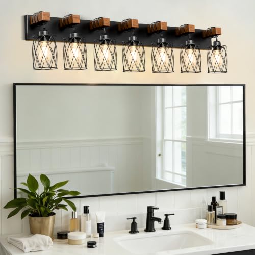 Image of IZORRO Farmhouse Bathroom Vanity Light, 7-Light Wood Bathroom Light Fixtures Over Mirror, Black Industrial Vanity Lights with Metal Shade, Rustic Restroom Lighting Fixtures