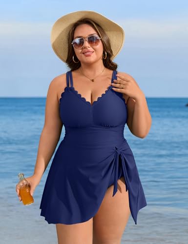 Image of Charmo Plus Size Swimsuit for Women Swim Dress Scalloped One Piece Tummy Control Bathing Suit Ruched Swim Suits 2026